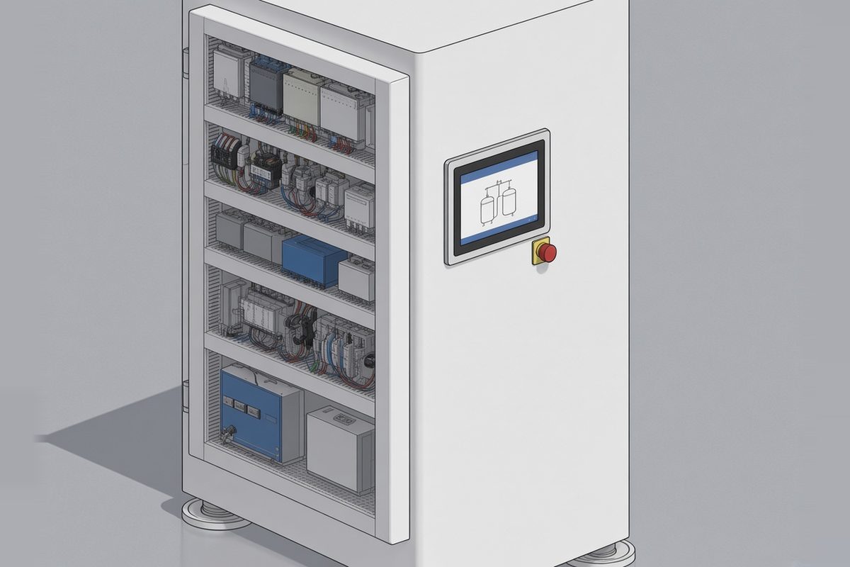 3D 設計示意圖（非客戶實績）：控制盤與 HMI 配置——控制盤內部電控元件，側面配置 HMI 觸控螢幕與緊急停止按鈕