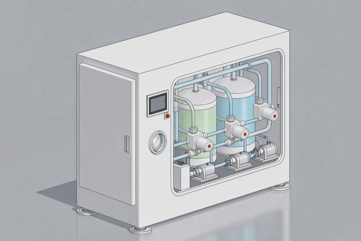 3D 設計示意圖（非客戶實績）：供液櫃外觀設計——穩定供液系統的供液櫃外觀，側門關閉，視窗內可見槽體與管路